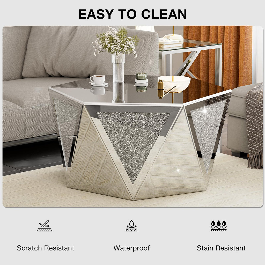 Mirrored Coffee Table with Crushed Diamond, Luxury Hexagon Silver Coffee Table, Living Room Table for Art Deco Office