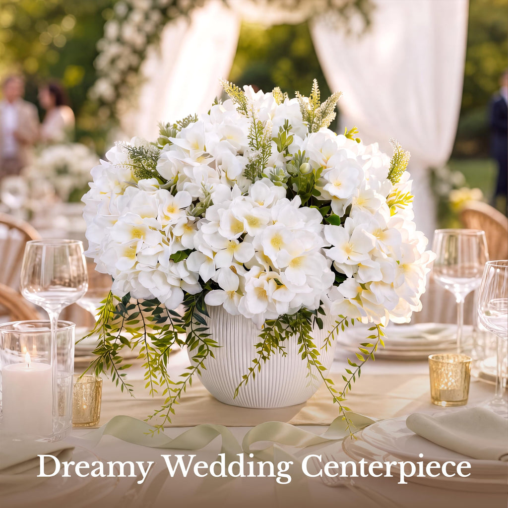 Pre-Arranged White Artificial with Greenery, UV Resistant