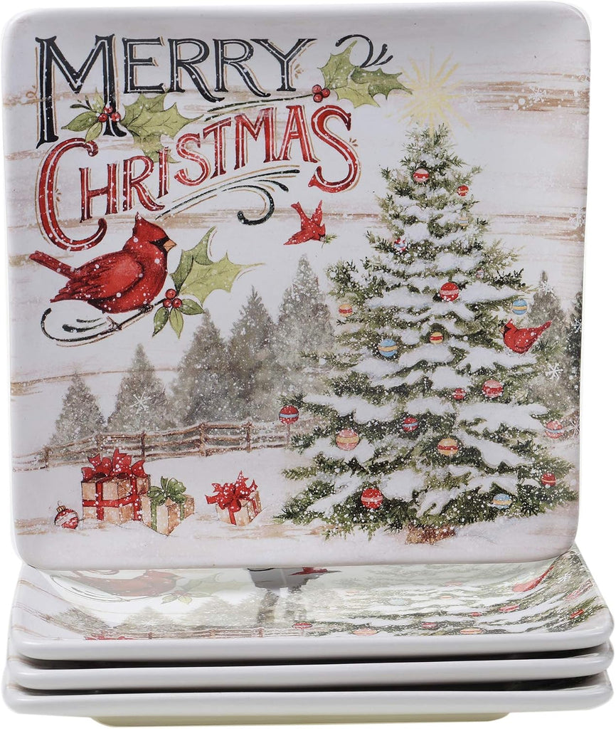 Evergreen Christmas Piece Dinnerware Set - Ceramic Holiday Plates, Bowls & Mugs with Cardinal & Script Design