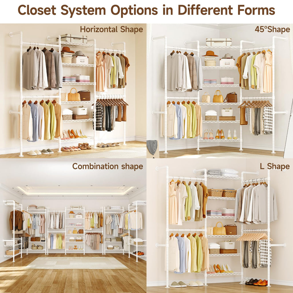 H3 Wall Mounted Closet System, Industrial Pipe Clothing Rack, White