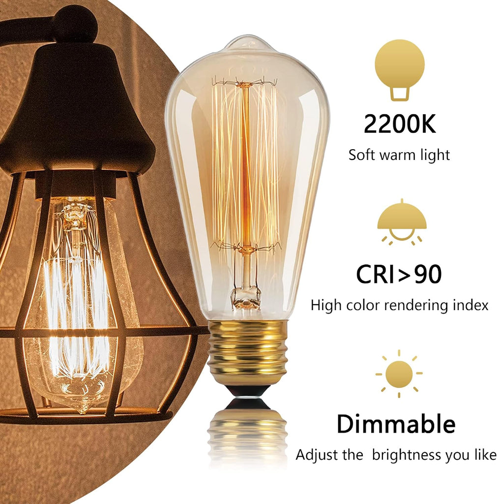 ST64 Incandescent Light Bulbs 40W E26 Dimmable Edison Bulbs 6 Pack