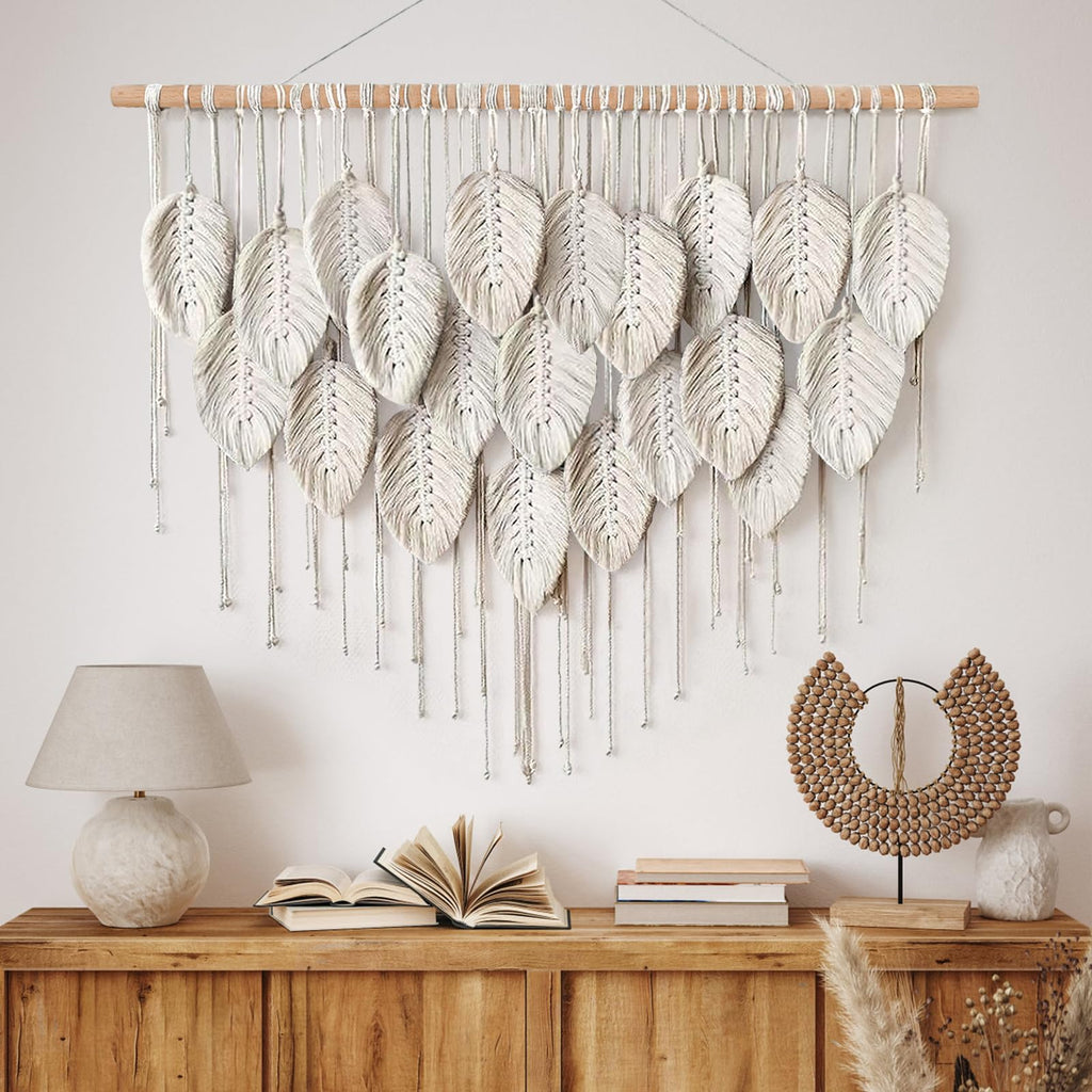 Macrame Wall Hanging Boho Beige Leaf Tapestry Wall Art Home Decor