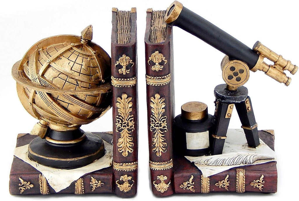 Galileo Bookends, Telescope, Globe, Armillary Sphere, Astronomy - Set of 2