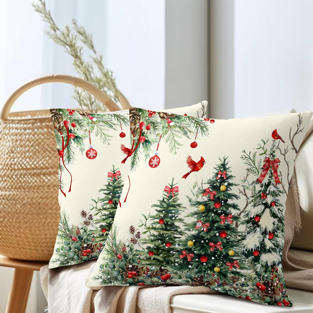 Christmas Pillow Covers 20x20 Inch Rustic Christmas Tree Decorative Outdoor Throw Pillows Winter Green - Set of 2