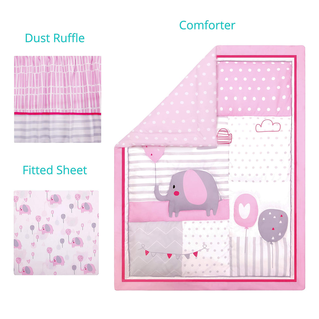 Baby Crib Bedding Set for Girls, Pink Elephant & Love Balloons 3 Piece Standard Size Nursery Crib Set for Baby Girls
