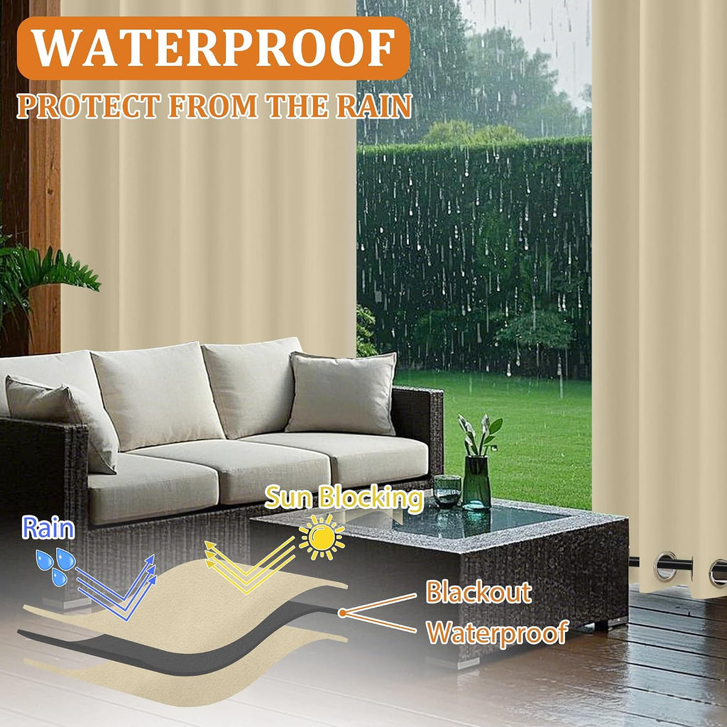 Outdoor Curtains Waterproof 2 Panels Blackout Curtains 84 inch Long with Zipper Top & Bottom Grommet Sun Blocking