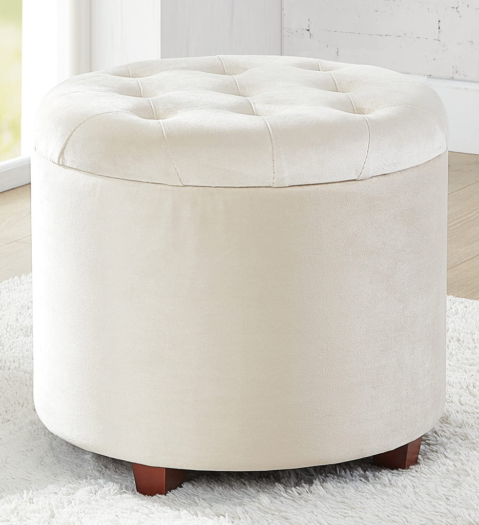 18" Round Storage Ottoman with Lid, Holds 300 lbs, Cream