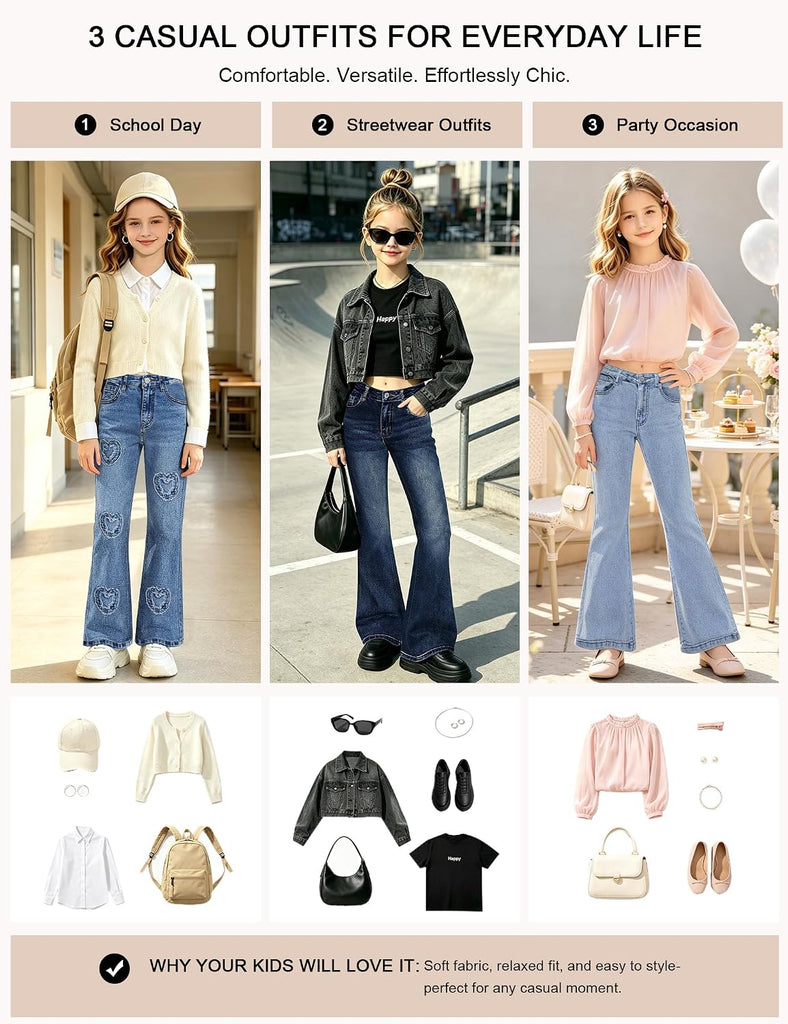 Girls Jeans Flare High Elastic Waist Denim Pants Bell Bottom Stretch Cute Y2K Streetwear with Pockets