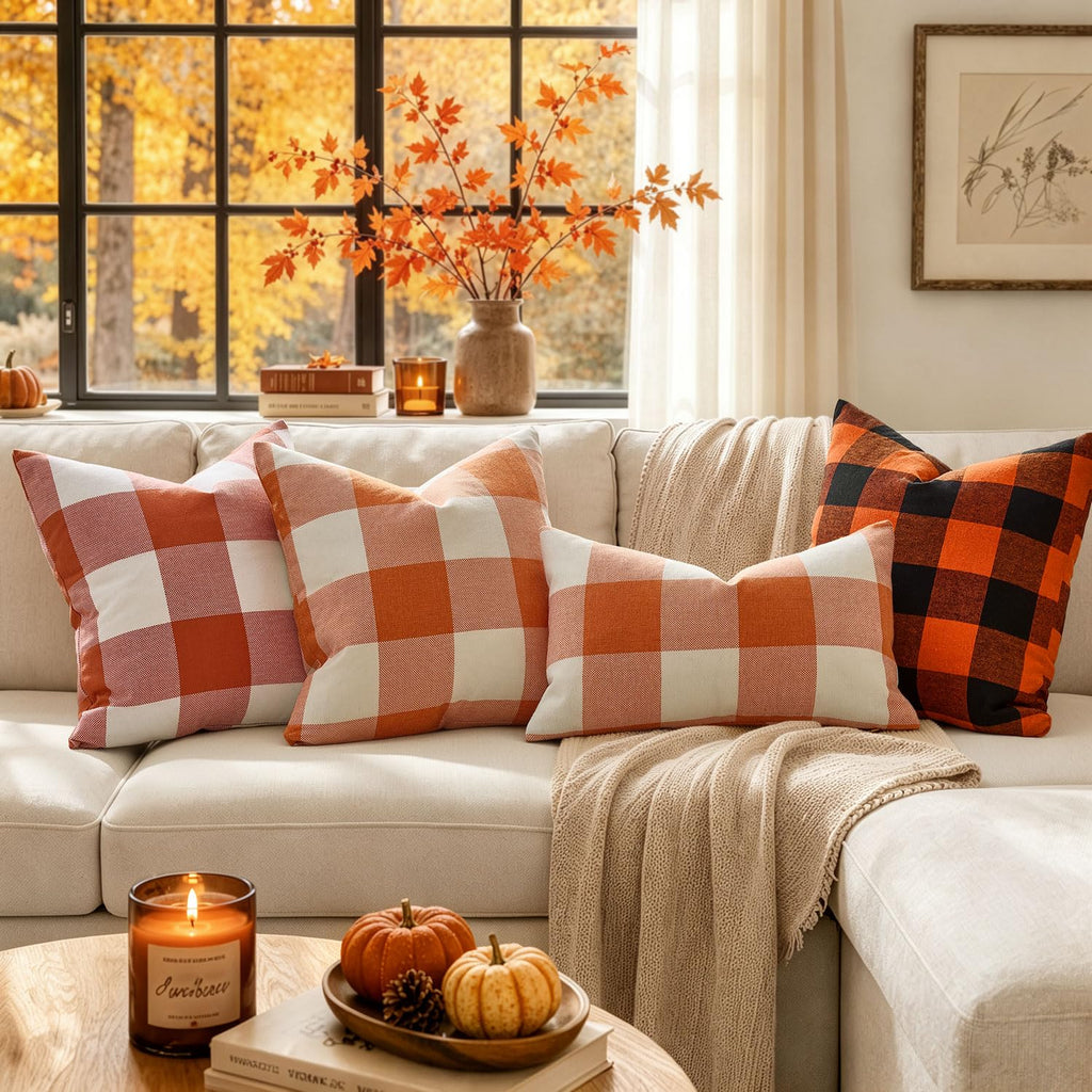 Fall Plaid Pillow Covers 20x20 Orange and White Pack of 2
