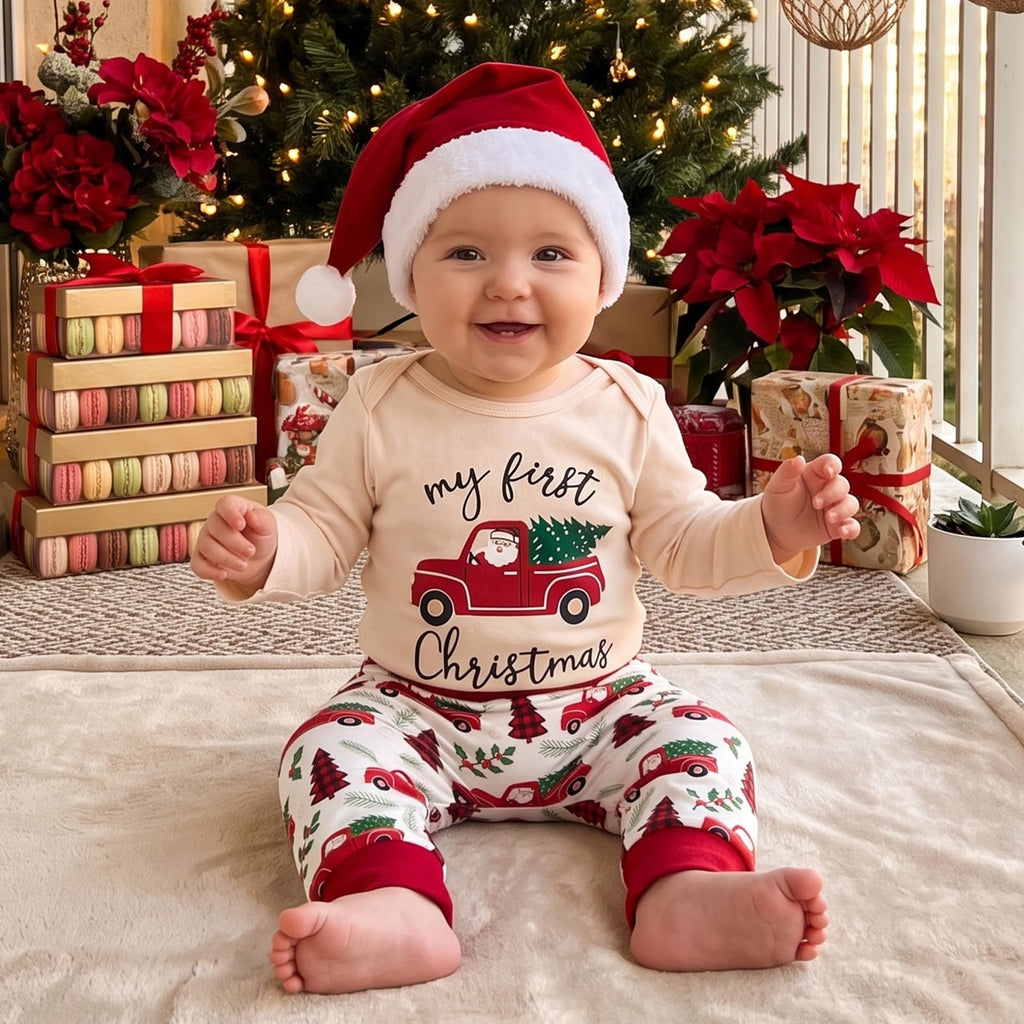 My First Christmas Baby Boy Outfit Romper Pants Hat (Red, )