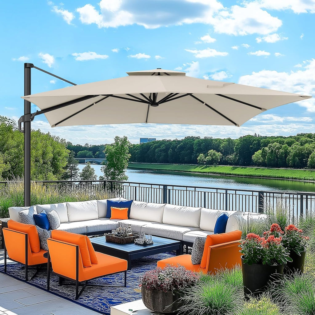 Outdoor Patio Umbrella - 10ft Cantilever Umbrella Heavy Duty Offset Umbrellas with Stand - Beige