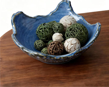 8.6 Inch Ceramic Decorative Bowl with Irregular Wavy Rim and Dynamic Reactive Glaze (Blue)