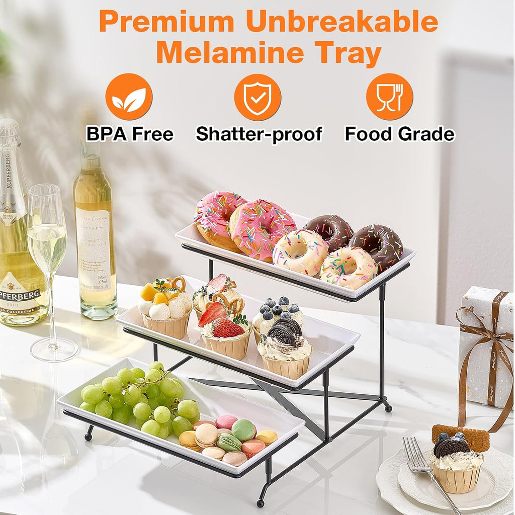 3 Tier Serving Tray Set, 12" Tiered Serving Trays Platters, Reusable Serving Tray for Party, Collapsible Sturdier