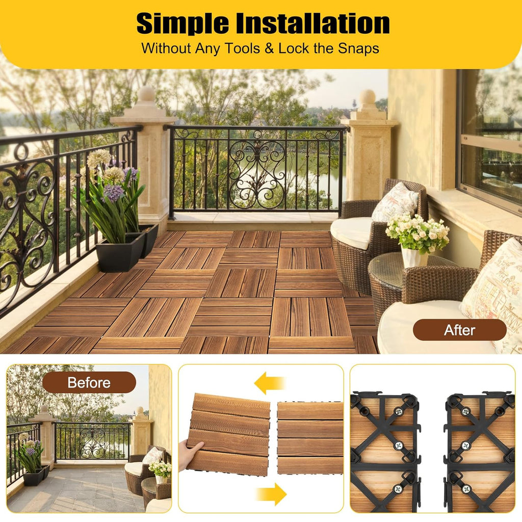 36 Pcs Hardwood Interlocking Patio Deck Tiles, Patio Tiles Outdoor Flooring 12" X 12" Camphor Pine Wood Tiles Indoor