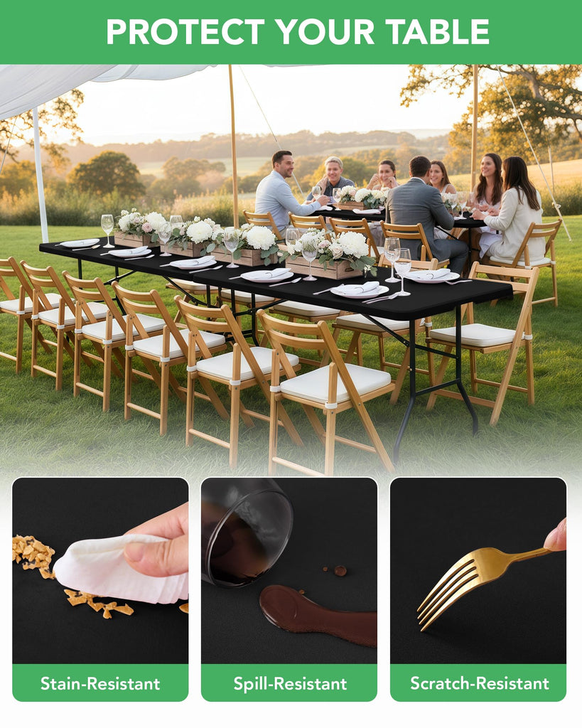 Fitted Tablecloth Rectangle Table Cloths with Elastic, 6 ft, Black, 6 Pack