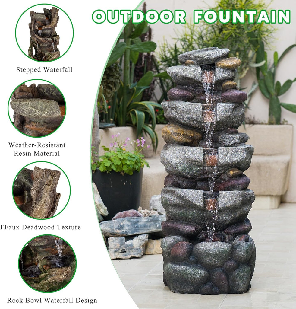 39" Stacked Rock Design Outdoor Freestanding Water Fountain, Floor Fountain with LED Lights and Pump