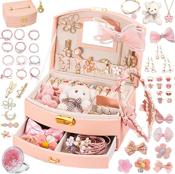 Princess Jewelry Box for Girls with Hair Accessories,Girls Hair Clips Bows Set, Fashion Hair Styling Kit