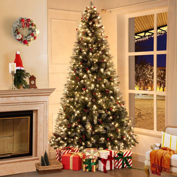 Vancouver 7.5ft Frosted Prelit Artificial Christmas Tree with Pine Cones,Faux Berries, Foot Pedal, 1346 Branch