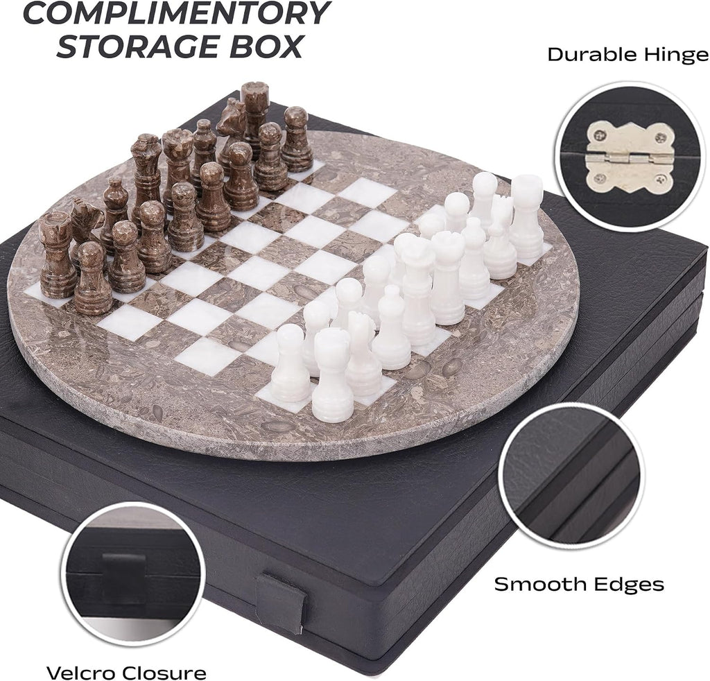 Marble Chess Set with Complementary Storage Box & Extra Queens, 12 Inch Oceanic & White Handmade Chess Board Game