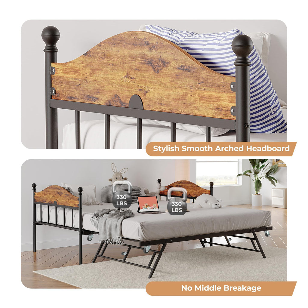 Twin Daybed with Trundle, Twin Bed Frame with with Stylish Headboard, Heavy Duty Steel Slats Platform, Brown
