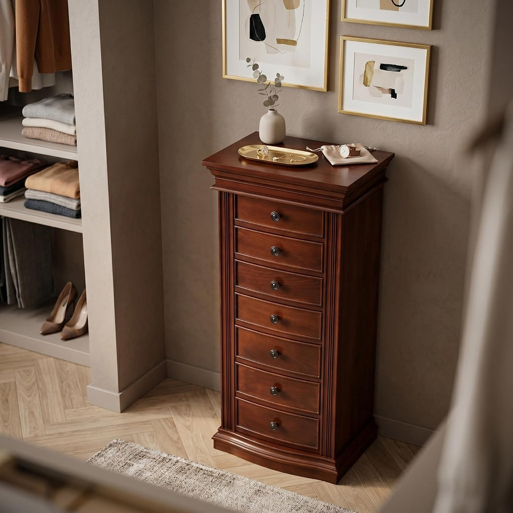 Luke Standing Jewelry Armoire - Large 7-Drawer Wooden Organizer with Mirror, Side Doors, and Anti-Tarnish Lining