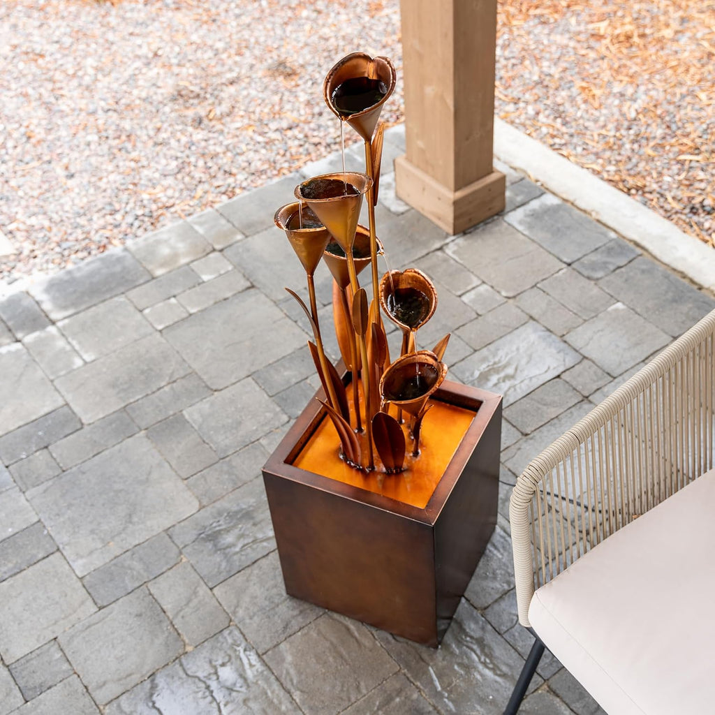 46" Tall Bronze Metal Sculptural Flower Multi-Tier Freestanding Water Fountain for Indoor & Outdoor Use