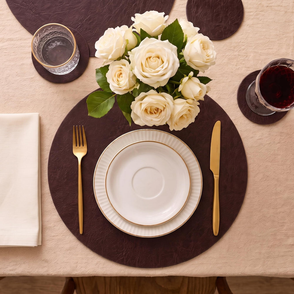 Embossed PU Leather Placemats, Waterproof Coffee Coasters, Kitchen Table Mats, Easy to Wipe Off for Dining Round Table