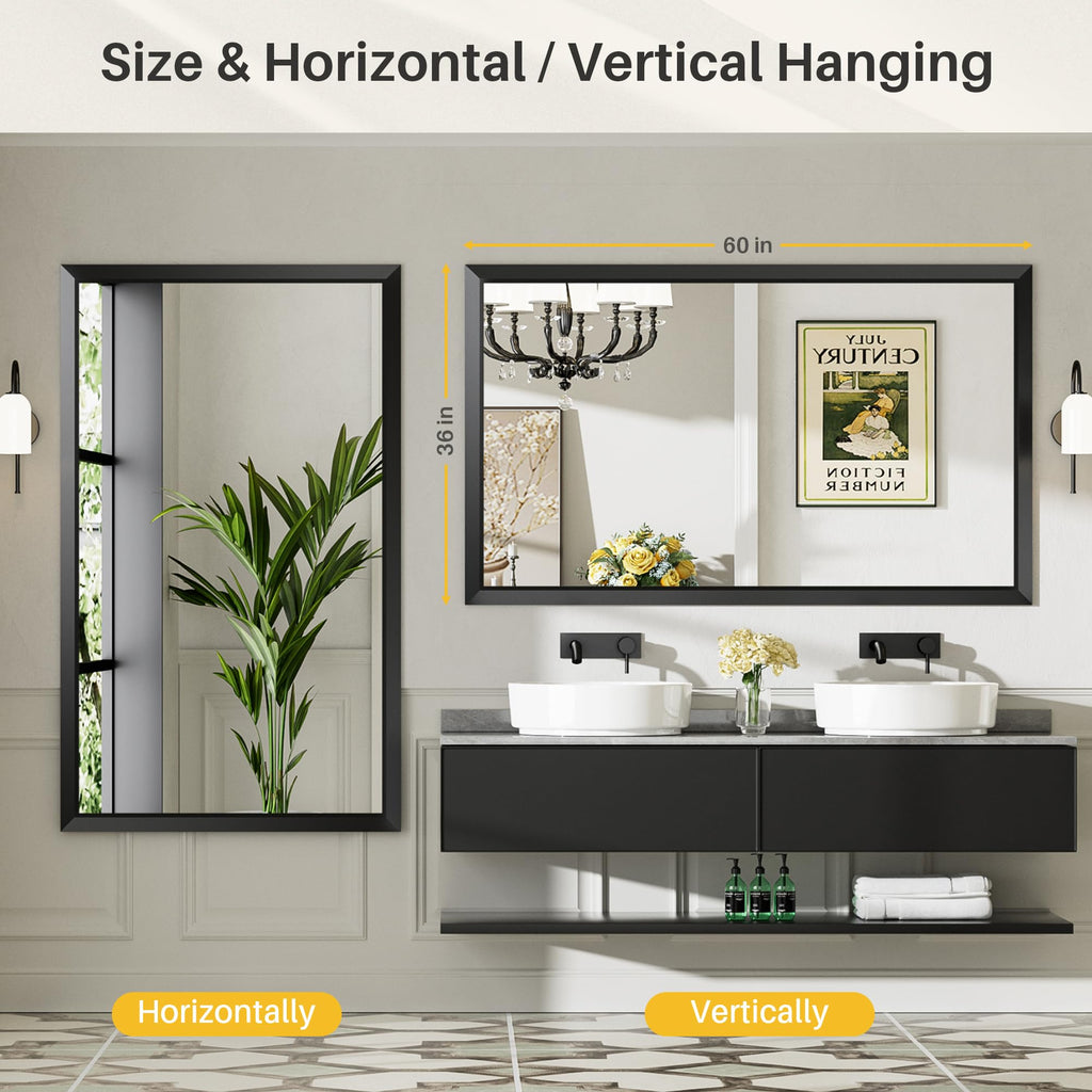 Black Metal Framed Bathroom Wall Mirror, 60x36 Inch