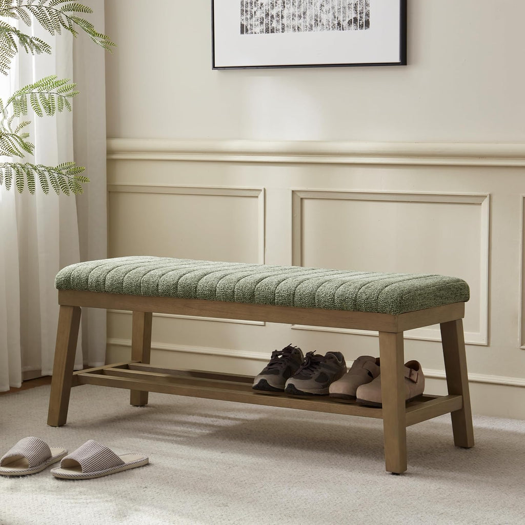 Entryway Bench, 44.4" Upholstered Storage Shoe Bench , Shoe Rack Bench with Rubberwood Legs, Modern End of Bed Bench