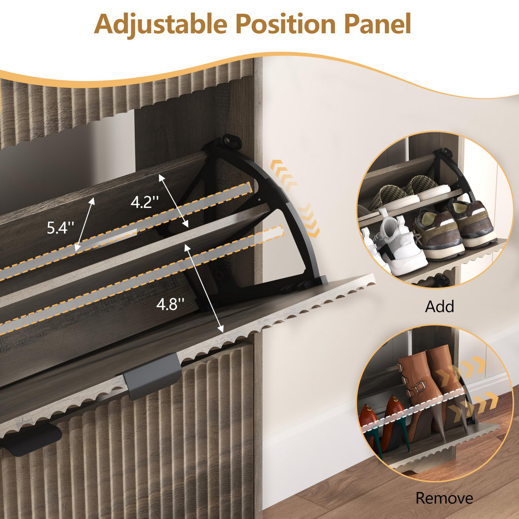 Shoe Cabinet Storage with 3 Flip Drawers, Grey Fluted Shoe Cabinet with Adjustable Shelves, Wooden Hidden Shoe Rack