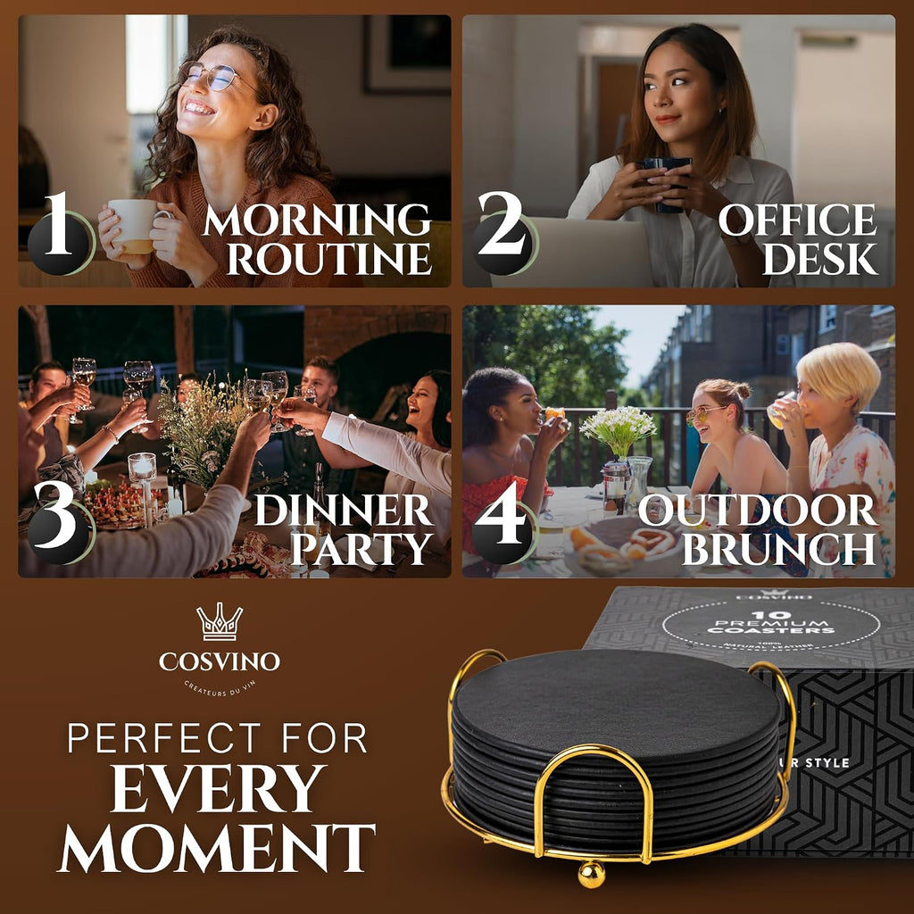 Premium Coasters Round Coasters - Gold Metal Holder - Italian Design - Tuxedo Black - Set of 10