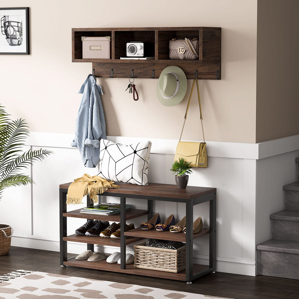 Industrial [Shoe] [Rack] [Bench] with Coat [Rack] Set with Hall Tree, 3 Storage Cubbies, 7 Hooks, 5-in-1Design