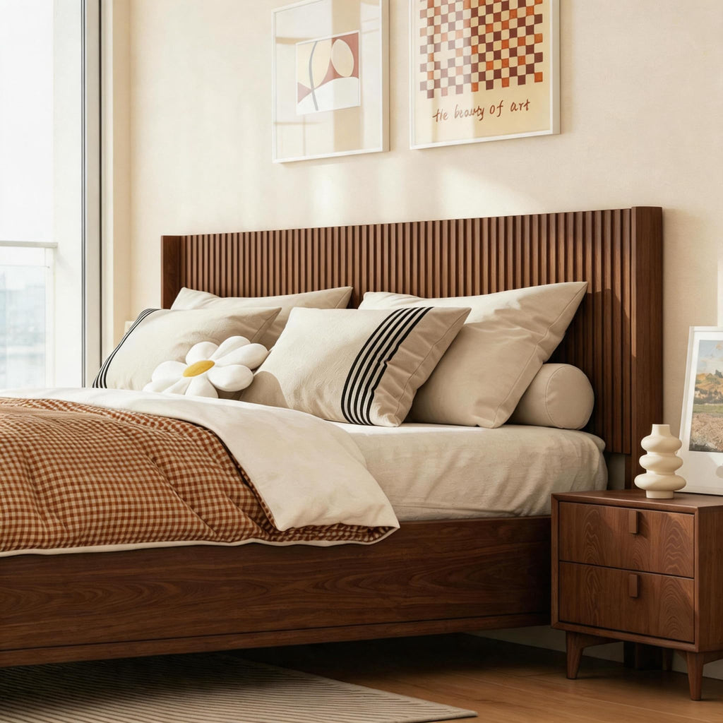 Queen Size Fluted Headboard Only, 64" Walnut Wall Mount