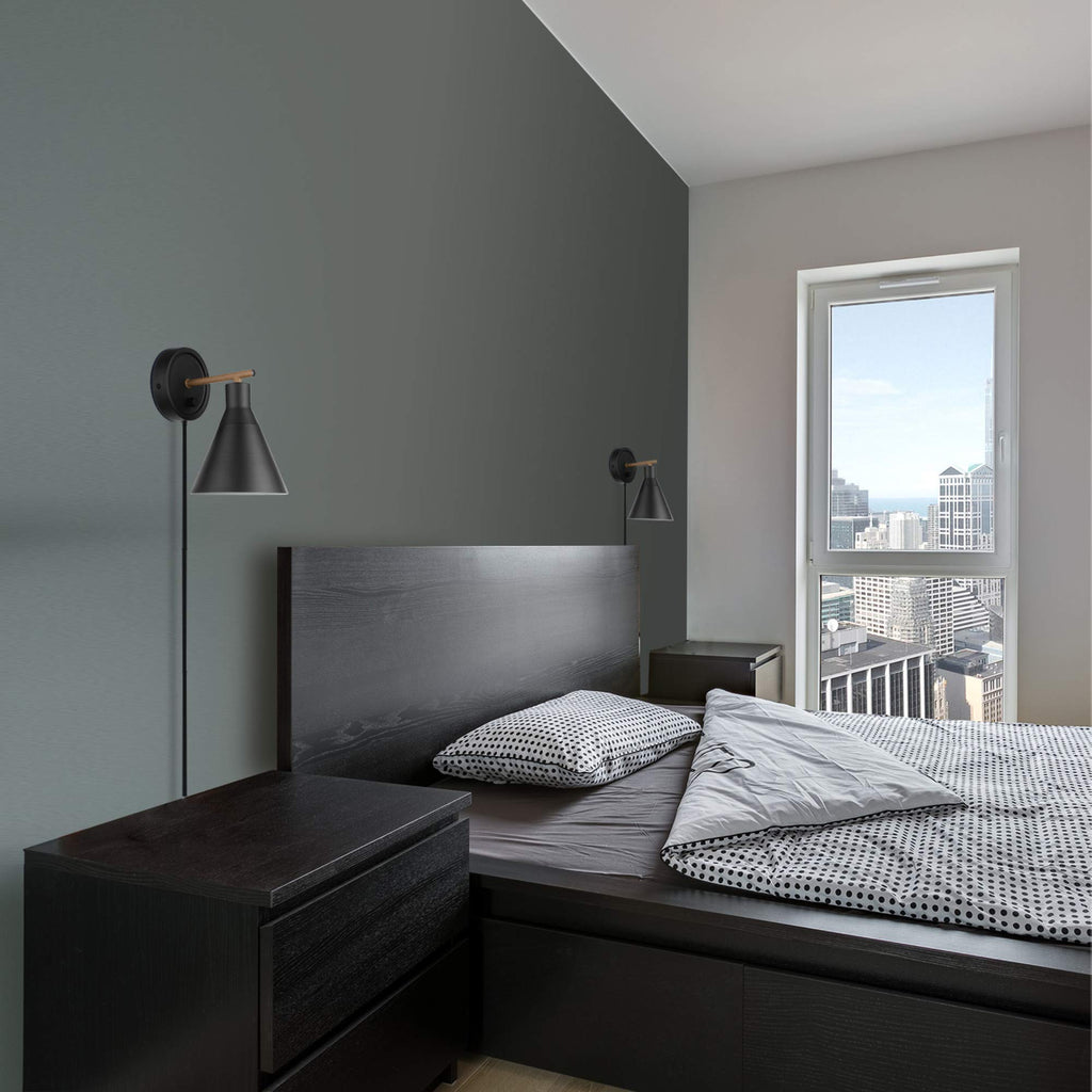Dimmable Plug-in or Hardwire Wall Sconce, Matte Black, Faux Walnut Accent, Stepless Dimming Rotary Switch on