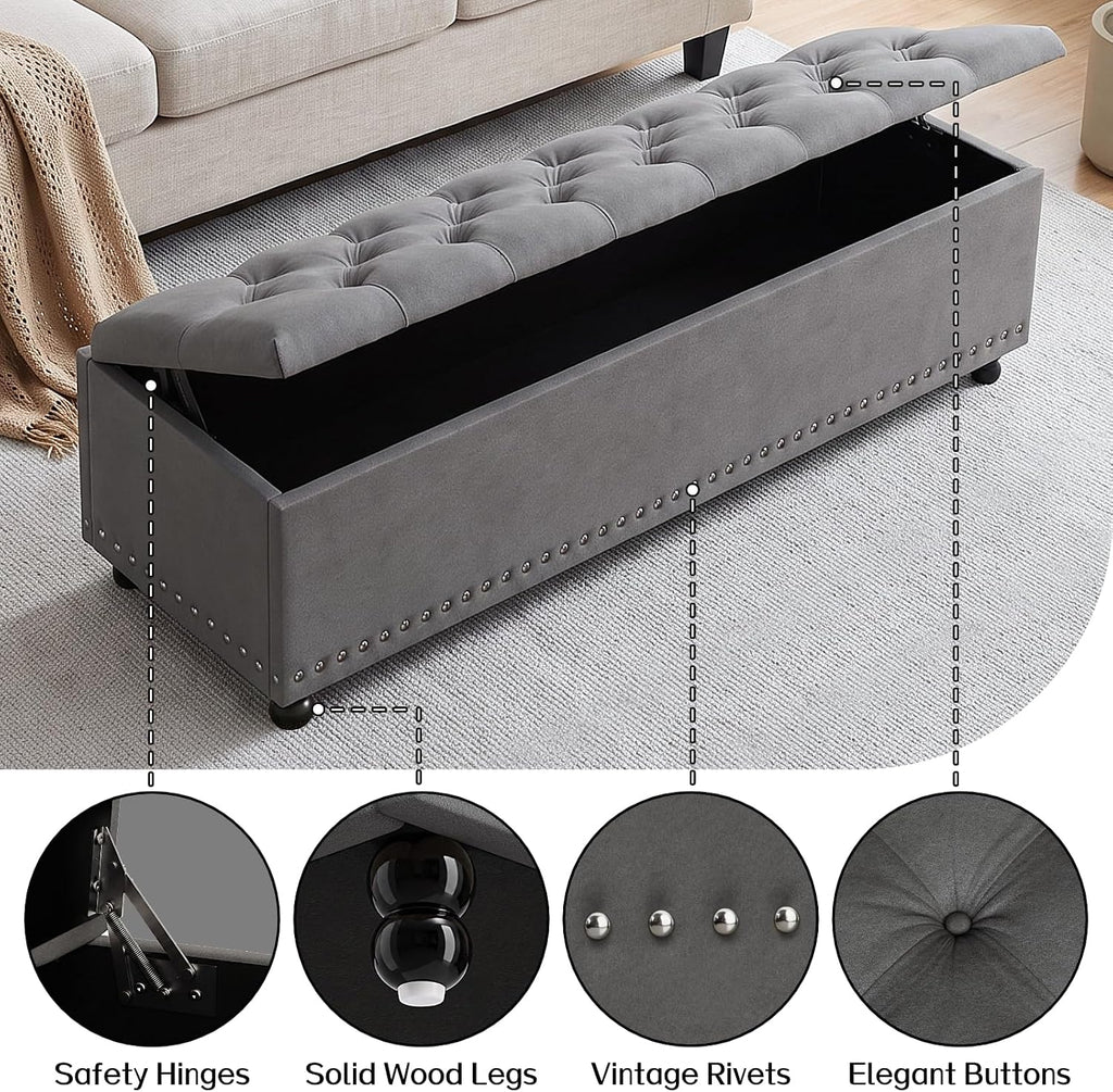 51" Storage Ottoman Bench with Wooden Legs and Soft-Close, Grey | Large End of Bed Bench with Button Tufting, Metal