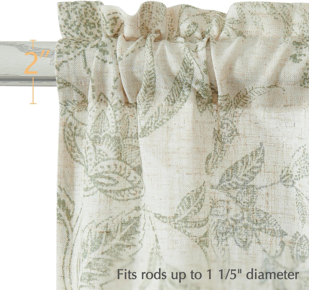 Floral Kitchen Curtains 36 Inch Long 2 Panels Sage Green on Beige | Linen Blend Fabric,Rod Pocket,Light Filtering
