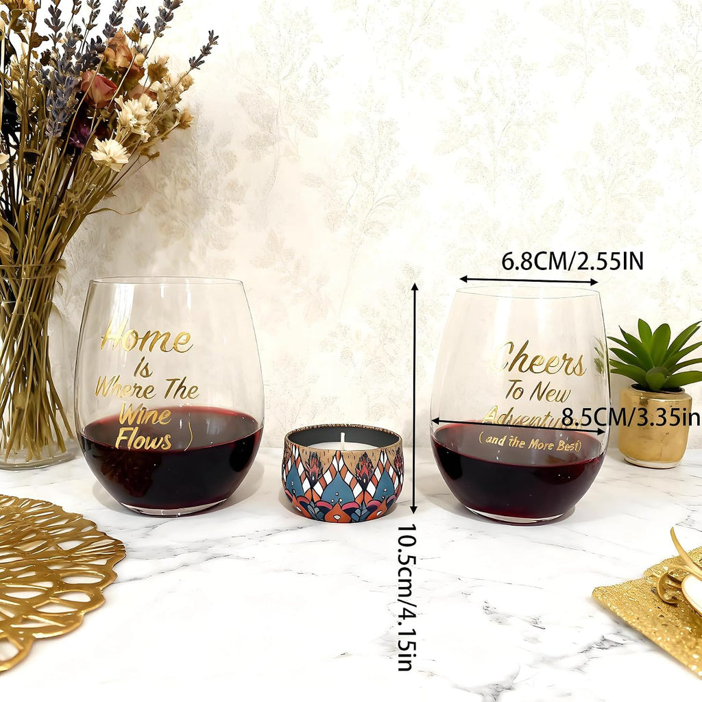 Housewarming Wine Glasses with Candle Set Stemless Wine Glass Set as Homeowners, New House,First Home - Set of 2