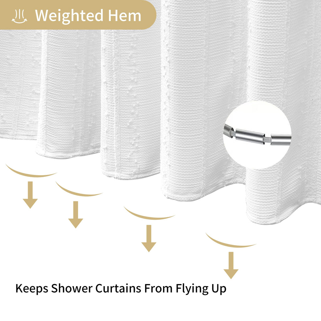 White Boho, Textured Cotton Blend Waffle Weave Stripe Fabric Shower Curtains, Washable, 72 x 72