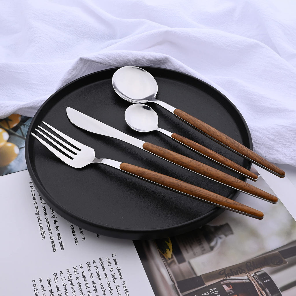 24-Piece Silverware Set for 6, Silver Mirror Polished Stainless Steel Flatware Set, Wooden Effect Handle Utensil Set