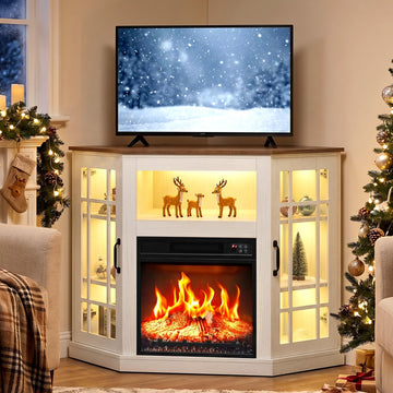 Corner Fireplace TV Stand with Storage for TV up to 55", White & Oak