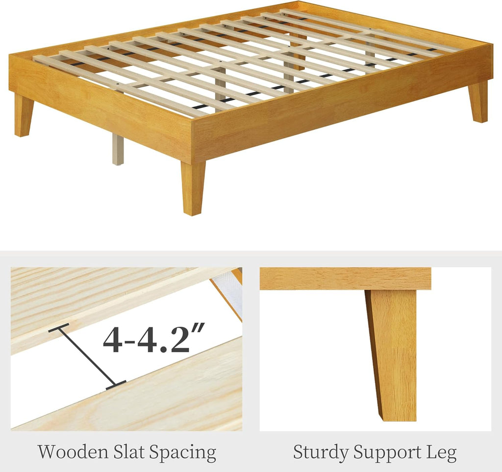 Solid Wood Platform Bed Frame Low-Profile Natural Wood