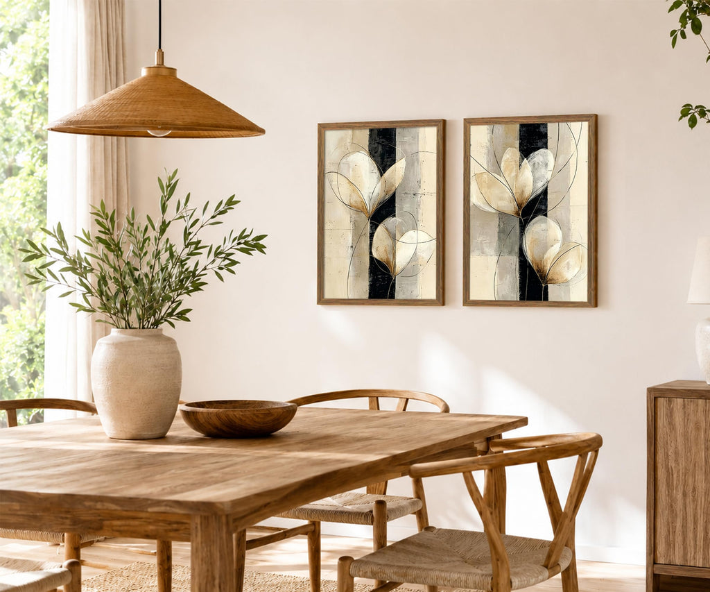 Framed Modern Neutral Black White Abstract Floral Canvas Wall Art Set of 2