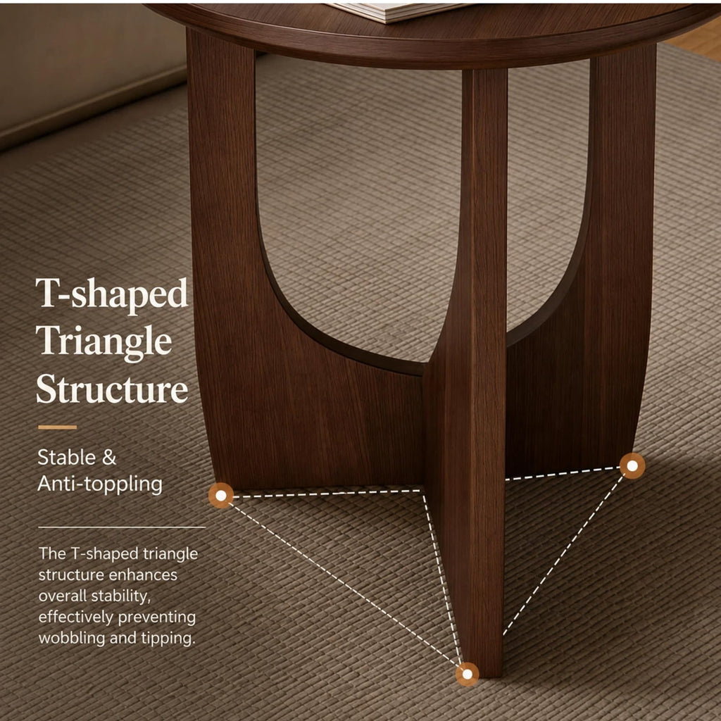 100% Solid Wood Round Side Table, 19.7'' Walnut Brown Small End Table, Sofa Side Table with Sculptural Curved Base