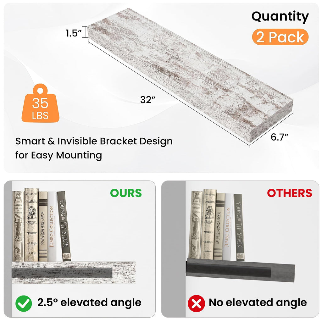 32" Floating Shelves for Wall, Wooden Wall Shelf, 2 Pack, Rustic White