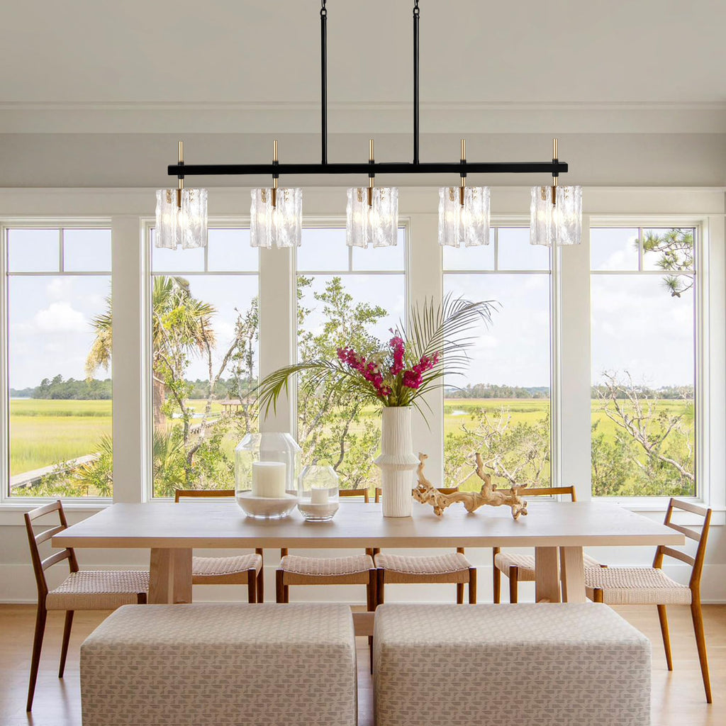 Rectangular Dining Room Light Fixture 42"L Black and Gold Glass Linear Chandeliers Over Table, Farmhouse