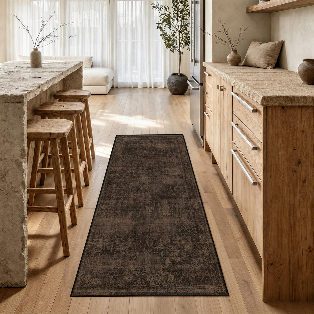 2x6 Runner Rug, Washable Vintage Rug, Dark Brown