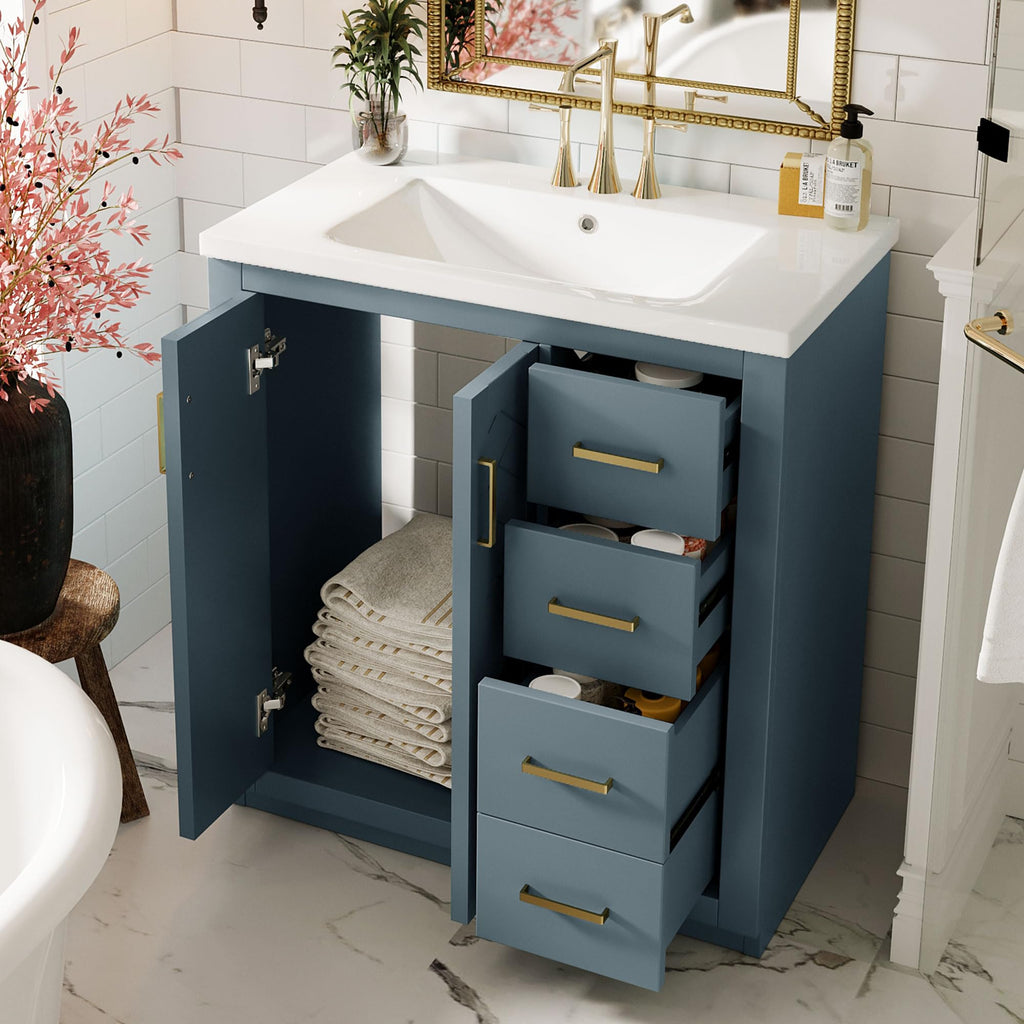 30 Inch Blue-Grey Bathroom Vanity with Sink & Gold Handles, Light Luxury