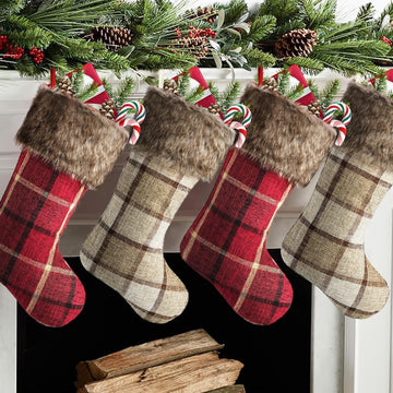 Chirstmas Stockings, 18 Inches 4 Pack Rustic Xmas Stockings with Burlap Buffalo Plaid and Plush Faux Fur, Holiday