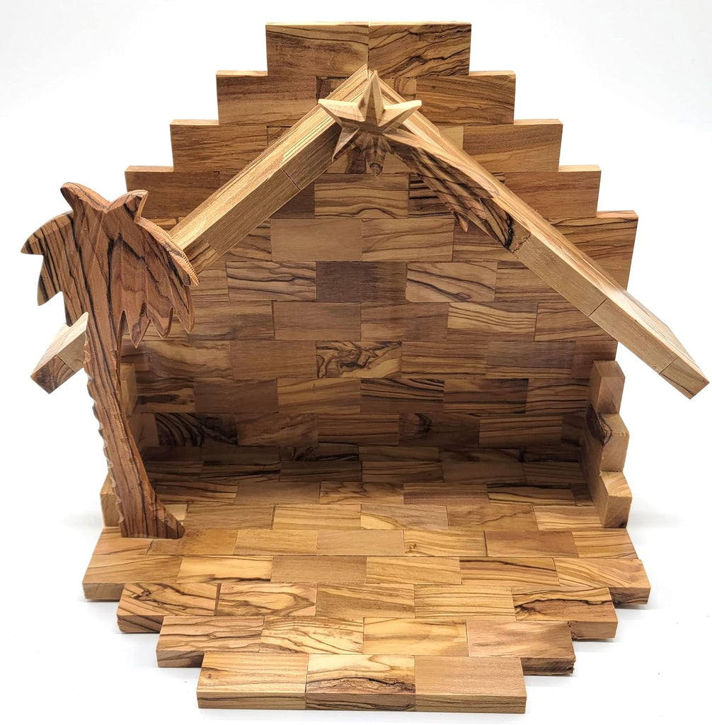 Olive Wood Nativity Stable -10.5x8.4x6.4 Inches | Hand Made from Bethlehem Olive Wood NAT113