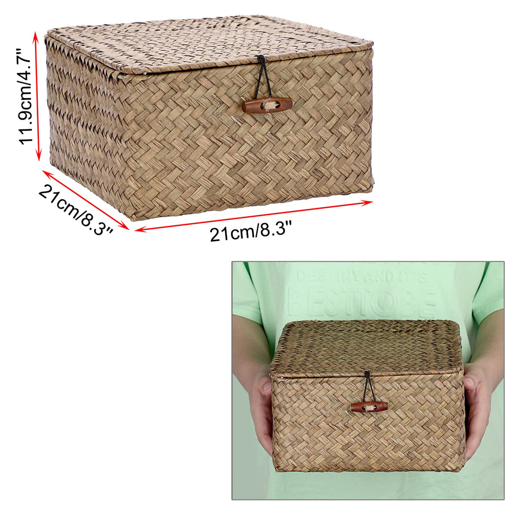 Small Wicker Shelf Baskets Handwoven Seagrass Storage Bin with Lid